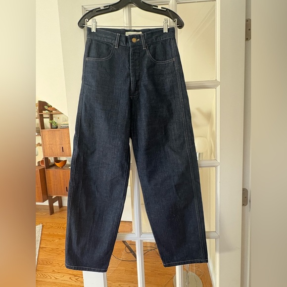 Micaela Greg dark indigo panel jeans sz Small high rise wide curved leg
